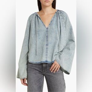 Frame Denim NWT S Aries Tie-Neck Denim Top